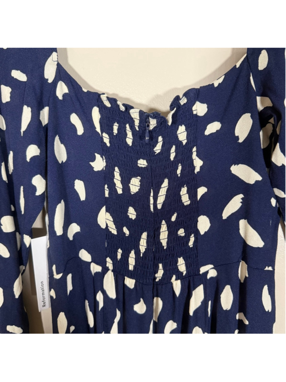 REFORMATION Sigmund Midi Dress Navy Blue Splatter Polka Dot Coquette NWT 6P - Picture 8 of 11